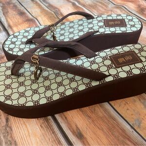 Gigi Hill Turquoise And Brown Heart Charm Flip Flops